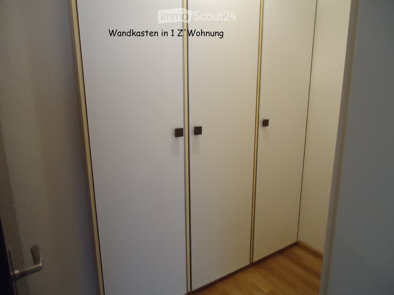 Empty room with light-colored walls, wooden floor, and built-in wall cabinets with silver handles.