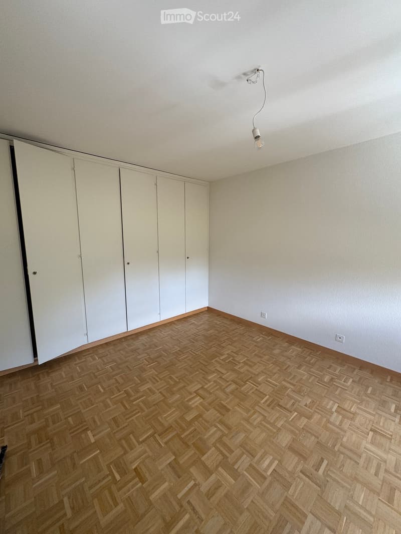 Empty room with wooden herringbone flooring, white walls, built-in wardrobes, and a single light fixture hanging from the ceiling.