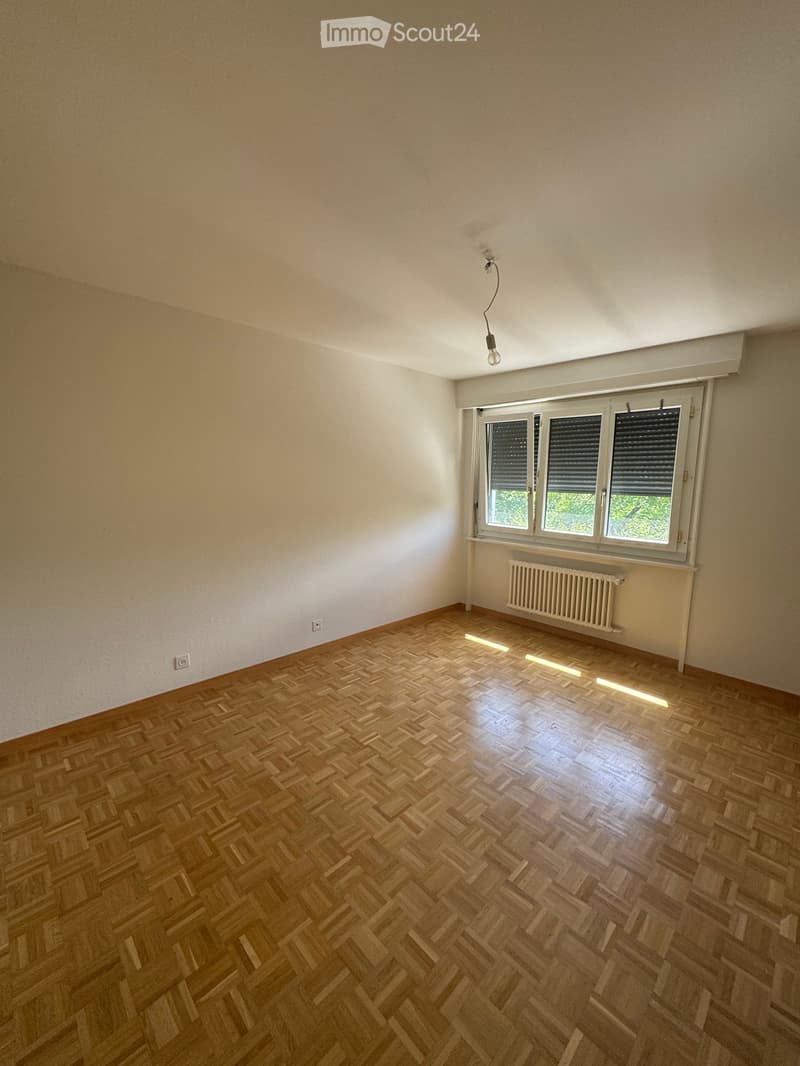Empty room with wooden herringbone flooring, white walls, and large windows with blinds. A radiator is visible under the windows, and a single light fixture hangs from the ceiling.