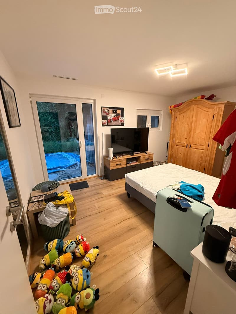 Well-lit bedroom with wooden flooring, a large bed, wardrobe, TV, and a collection of plush toys on the floor.