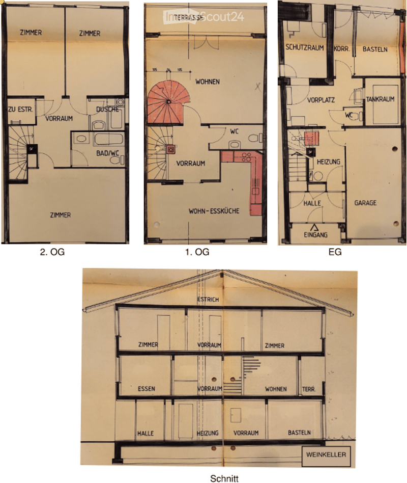 Floor plan showing multiple levels including a terrace, living area, kitchen, bedrooms, bathrooms, hallway, garage, and storage spaces.