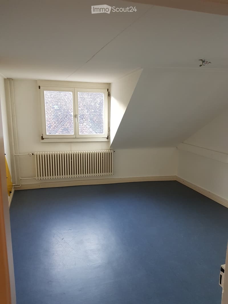 empty room, white walls, blue floor, white radiator, attic ceiling