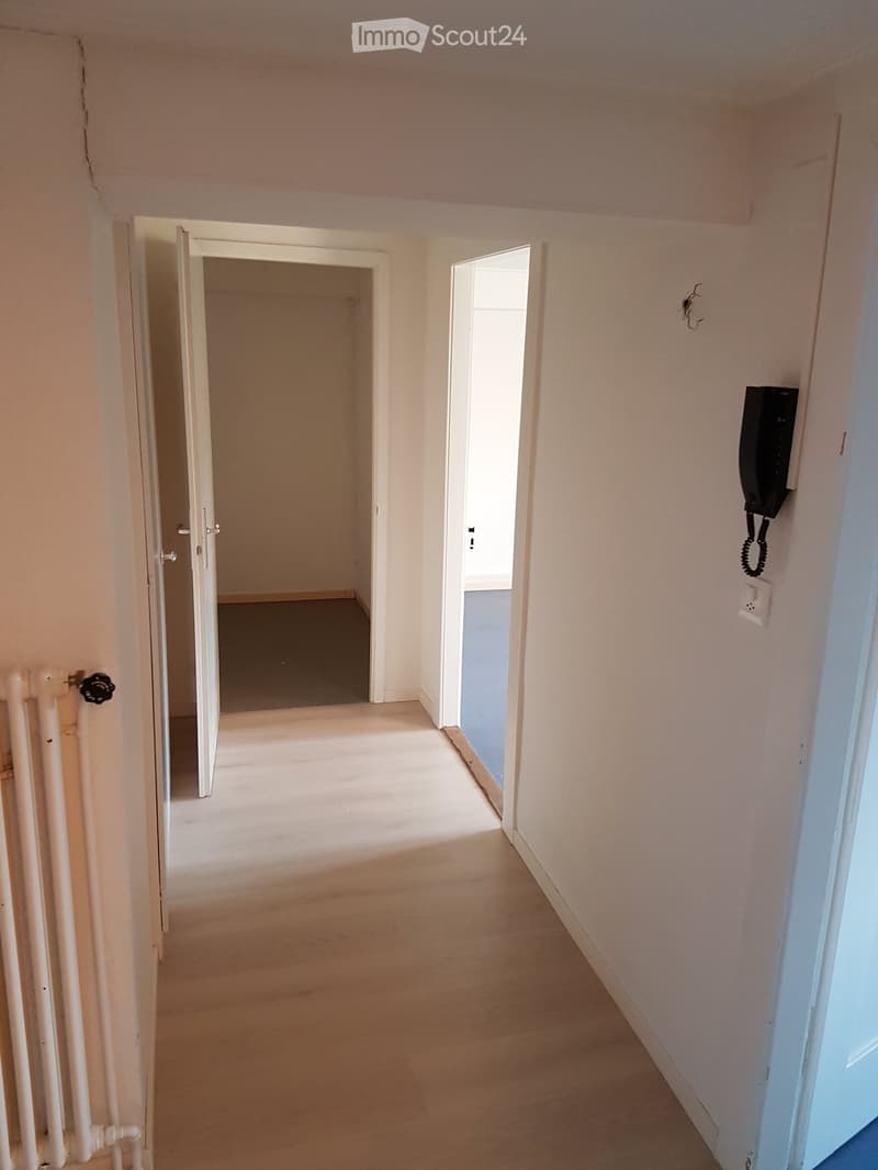 Empty hallway with white painted walls, wooden floor, radiator and telephone mounted on wall