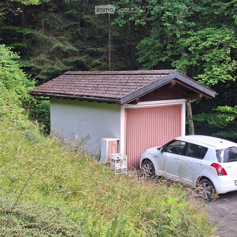 A small, single-story garage with a tiled roof and a wooden door, situated in a lush, green area with trees and grass. A white car is parked next to the garage.