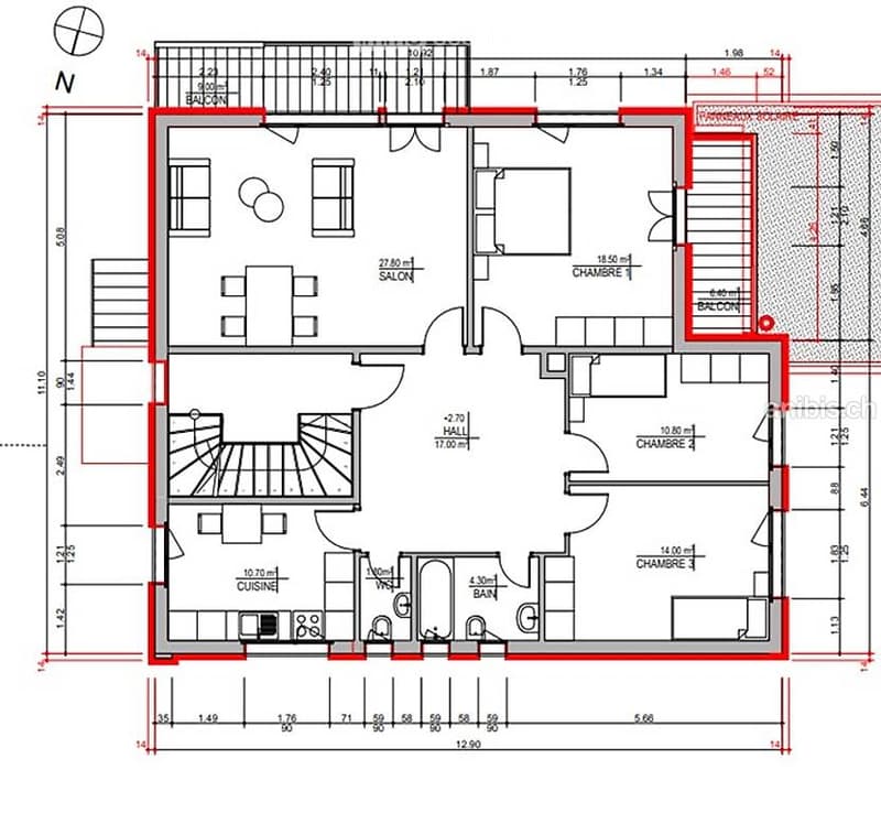 Floor plan of a 3-bedroom apartment with a living room, kitchen, hallway, and three bedrooms, including two balconies.