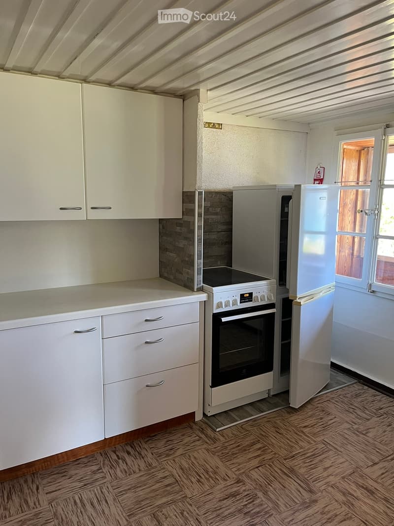Modern kitchen with white cabinets, stainless steel oven, and refrigerator. Wooden herringbone floor and a window with wooden frame.
