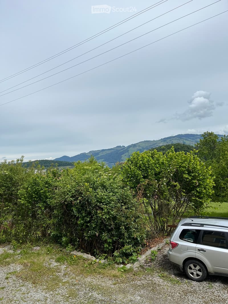 A silver SUV is parked on a gravel driveway next to a dense hedge, with a scenic view of rolling hills and mountains in the background.