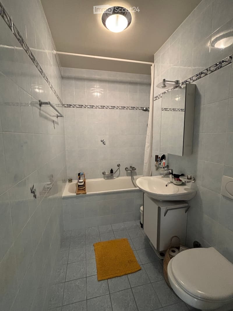 Modern bathroom with a bathtub, sink, toilet, mirror, and a yellow rug on the floor.