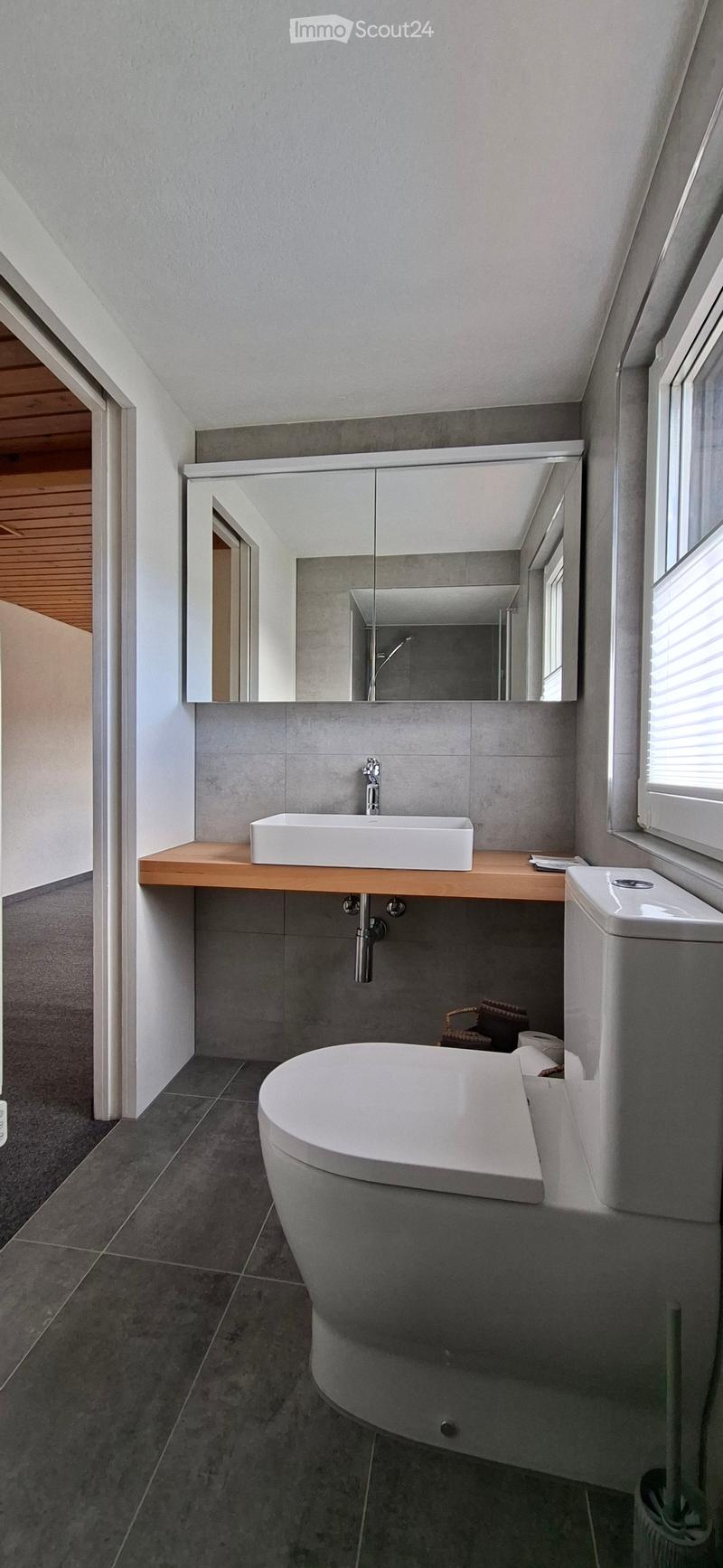 Modern bathroom with a white sink, faucet, large mirror, toilet, and bathtub. Grey tiles and wooden countertop.