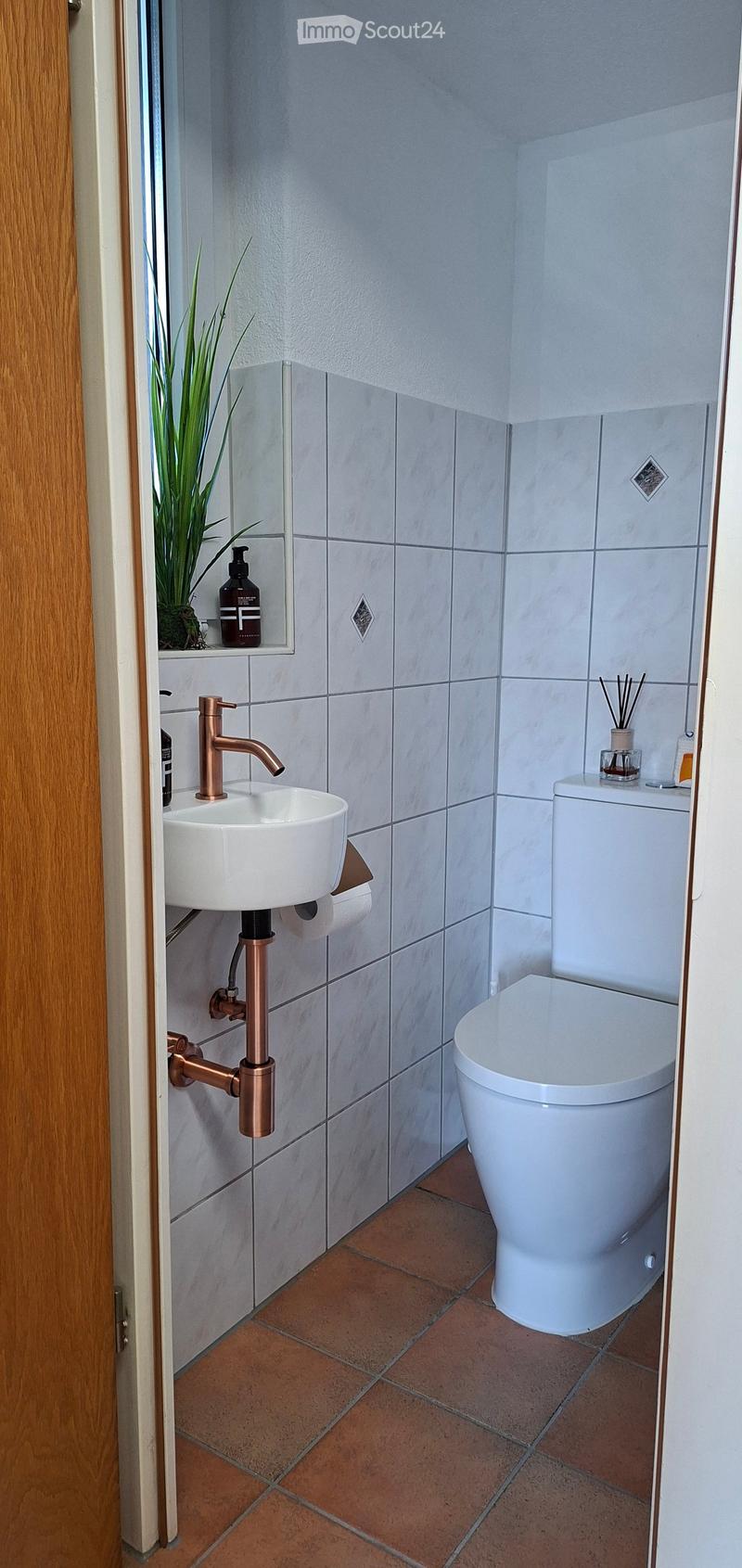 Modern bathroom with white tiles, a white toilet, a white sink with a copper faucet, and a small shelf with a plant and bottle.