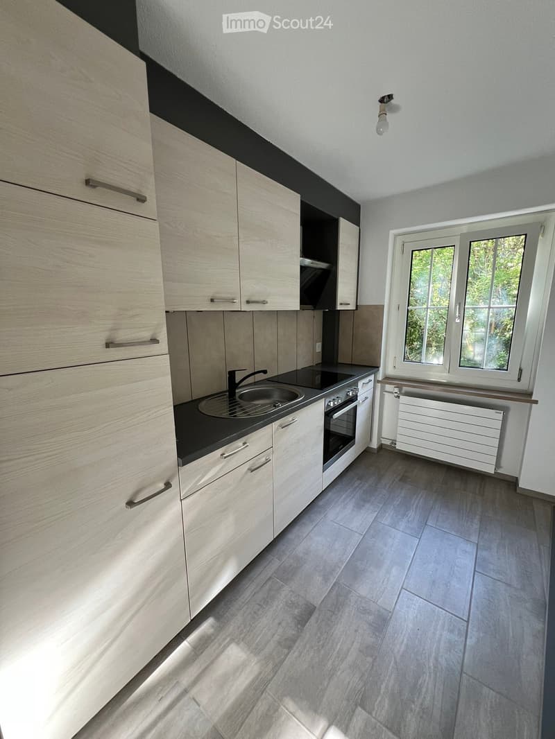 Modern kitchen with light wood cabinets, black countertop, sink, and oven. Features a window with a view of greenery outside.
