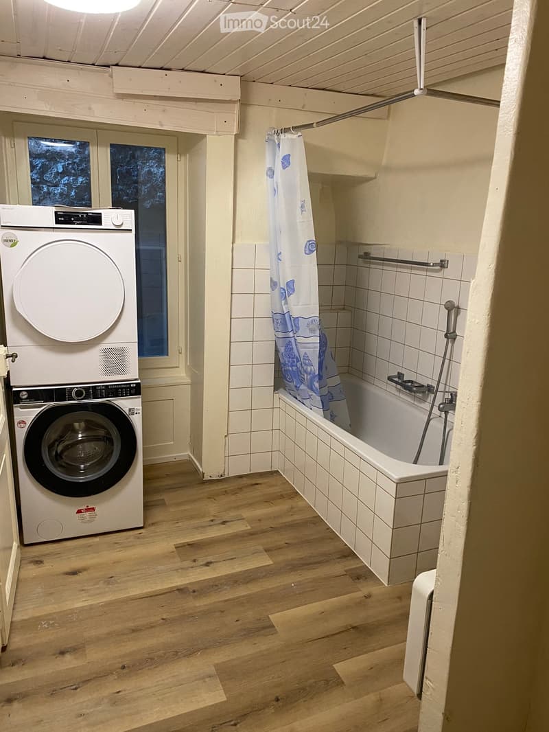 A bathroom combined with a laundry room with a washing machine, dryer, shower, and bathtub.