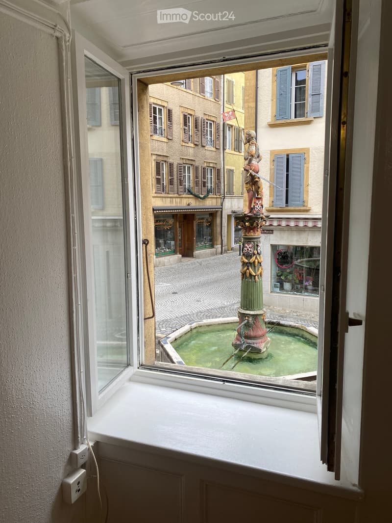 View from window showing a fountain in a street outside