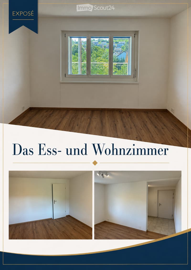 Empty room with wooden flooring, white walls, and large windows offering a view of greenery and houses outside.