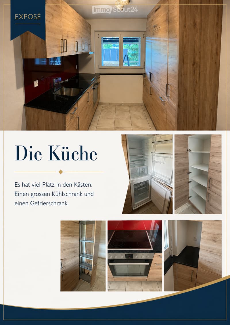 Modern kitchen with wooden cabinets, black countertops, stainless steel sink, and built-in appliances including a refrigerator and oven.
