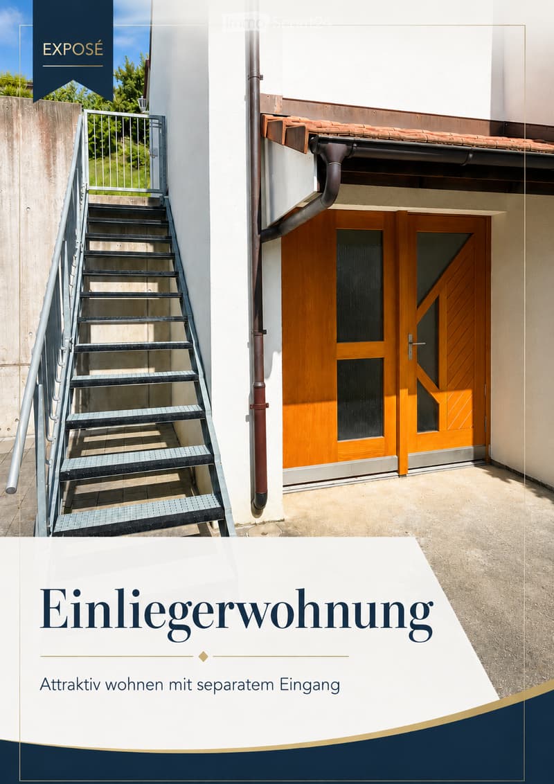 Exterior view of a building with a raised ground floor, featuring a metal staircase leading to an upper level and a wooden door with glass panels.