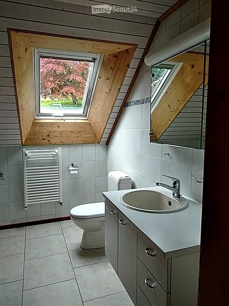 Bright bathroom with white tiles, a sink with a modern faucet, a toilet, a radiator, and a large skylight offering a view of pink blossoms outside.