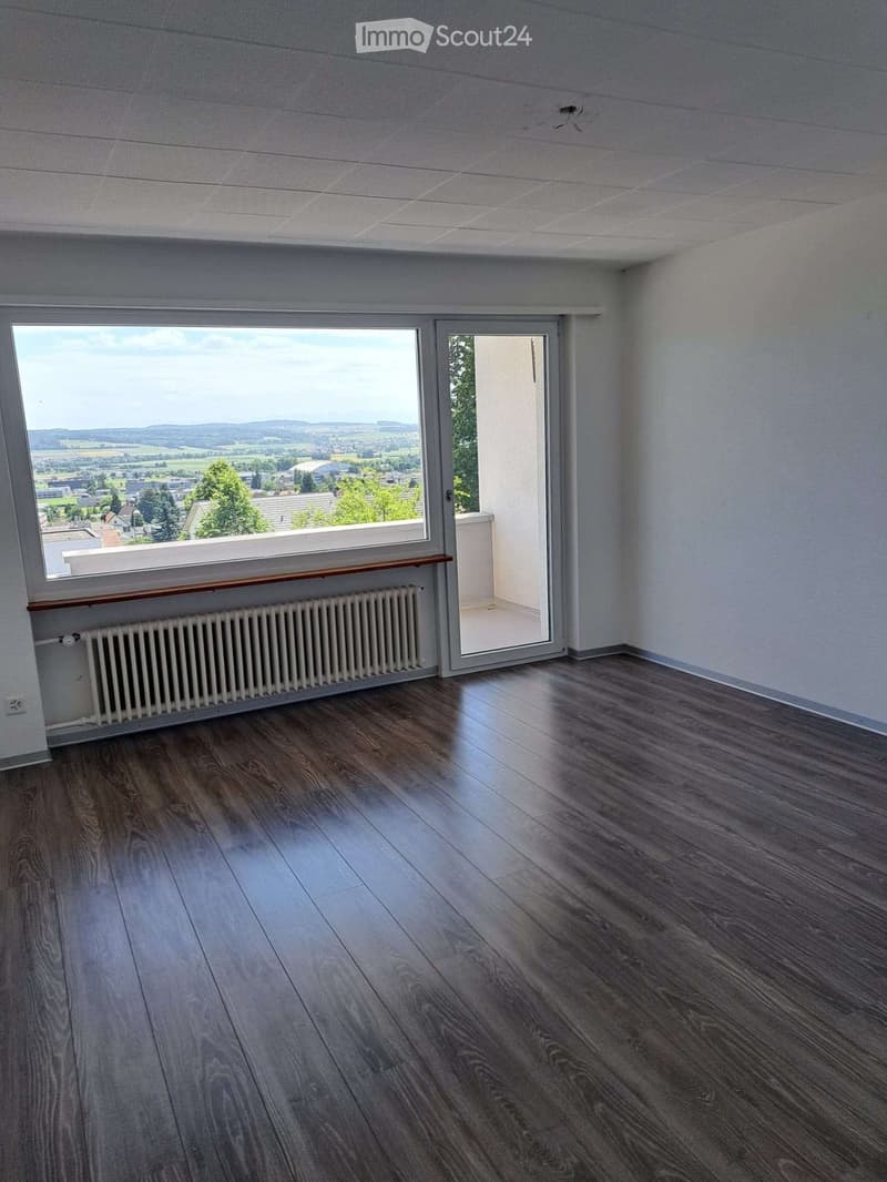 Empty room with wooden flooring, white walls, large window with view, radiator, and open sliding door leading to a balcony.