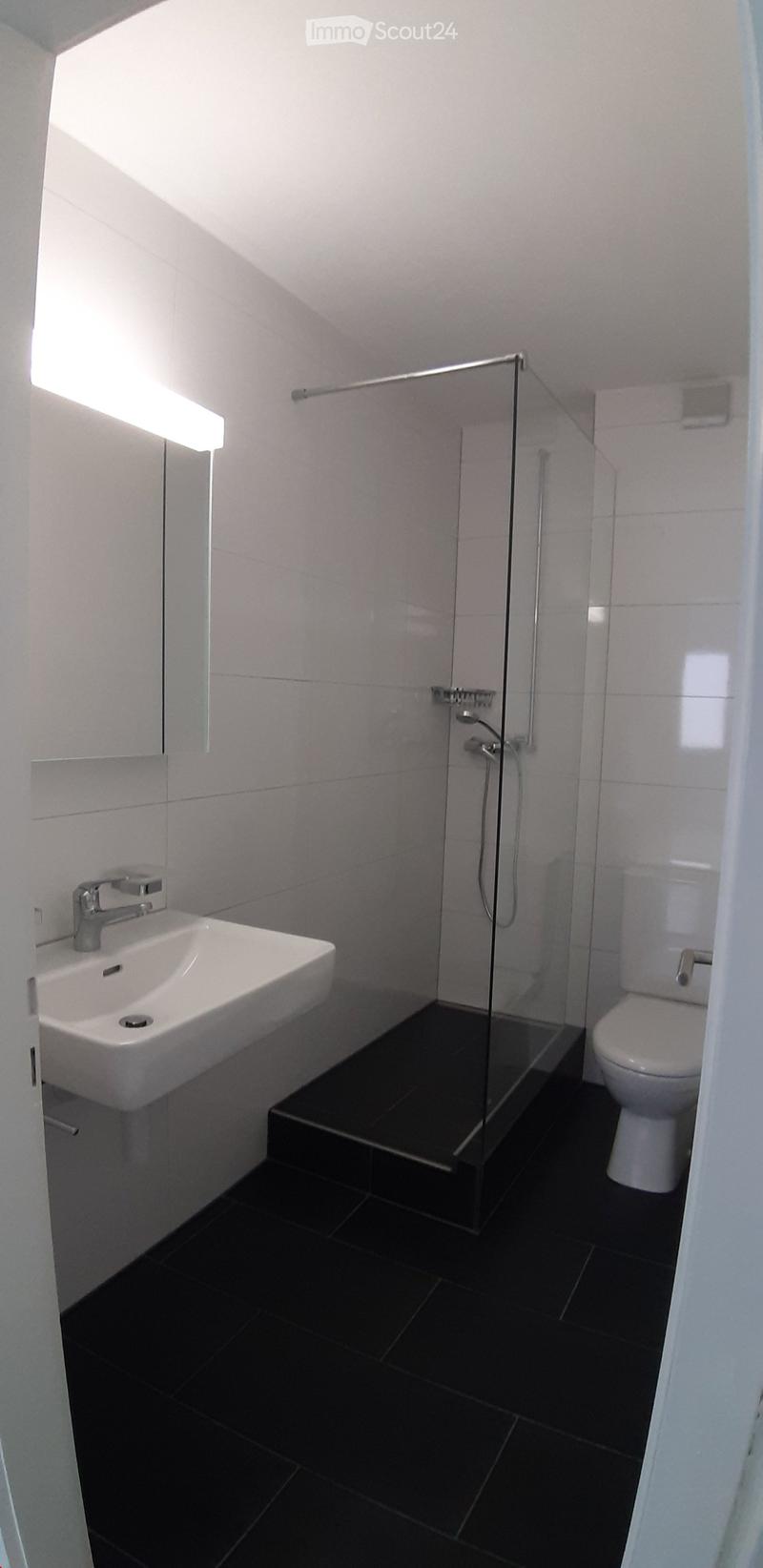 Modern bathroom with white tiles, black floor, glass-enclosed shower, sink, and toilet.
