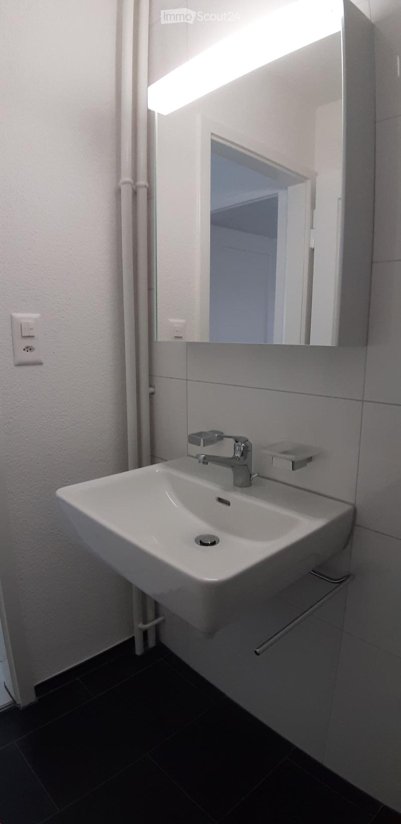 Modern bathroom with a white sink, chrome faucet, and large mirror above it. The walls are tiled, and the floor is dark tiled.