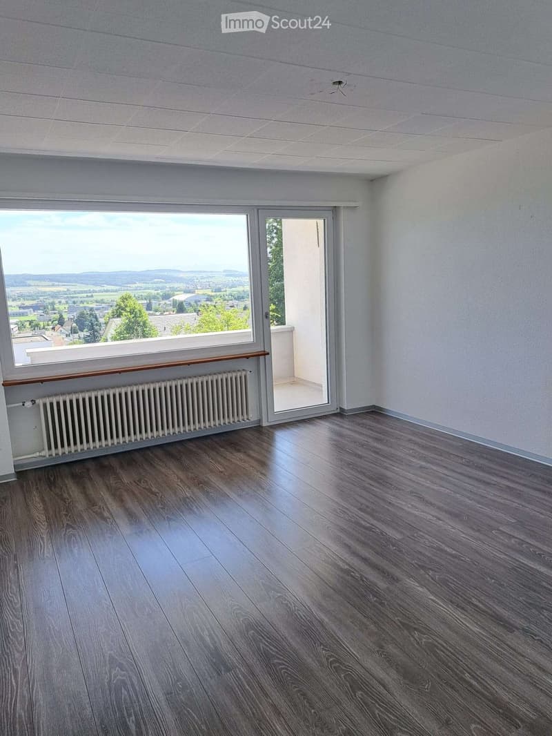 Empty room with wooden flooring, white walls, large window with view, radiator, and open sliding door leading to a balcony.