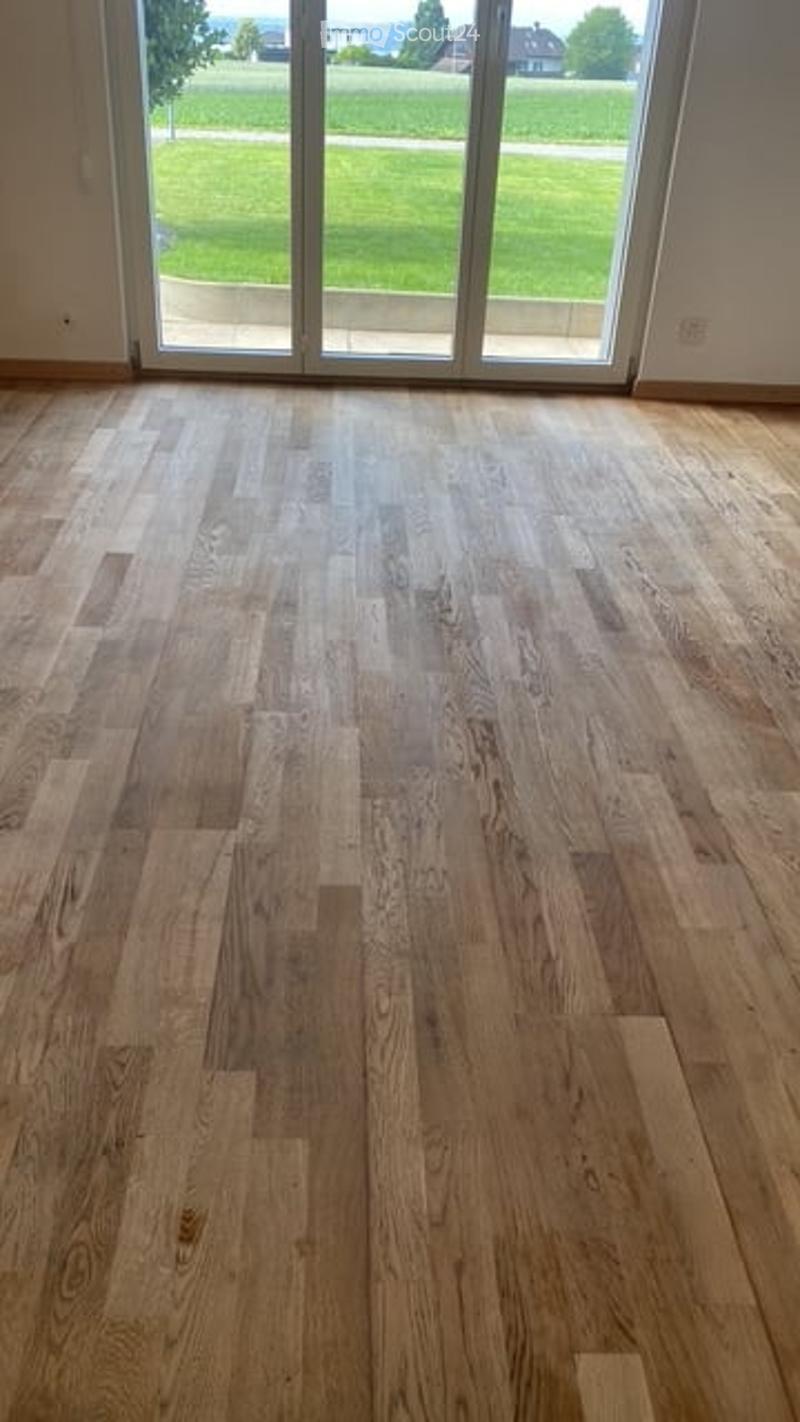 Empty room with light wooden flooring and large glass sliding doors leading to a green outdoor area.