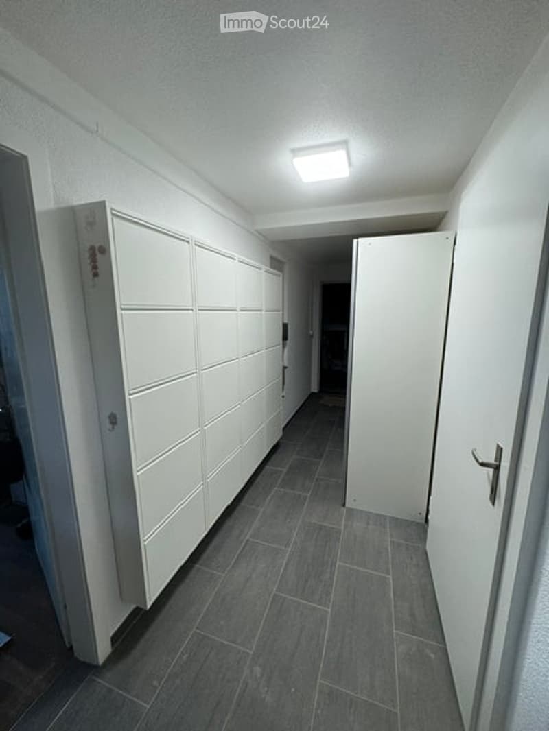 Empty hallway with white walls, dark grey tiled floor, white built-in storage units on one side, and a closed door at the end.