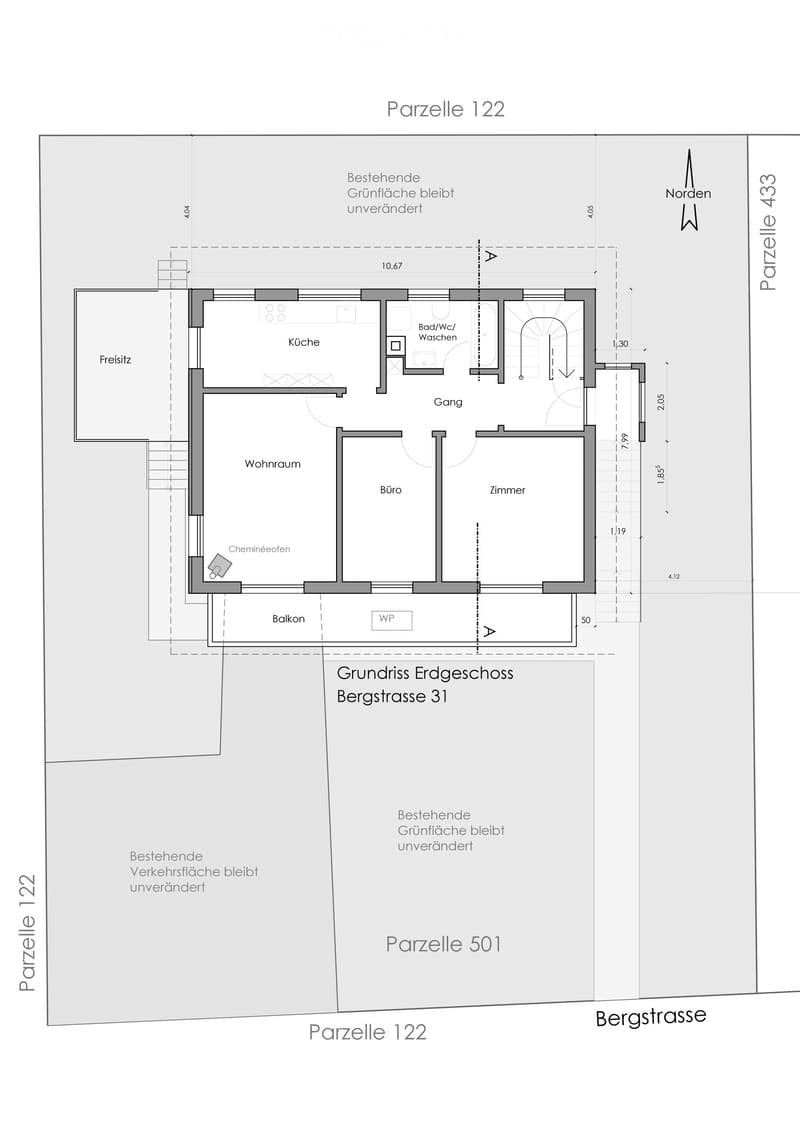 Ground floor layout of Bergstrasse 31 showing living room, kitchen, office, bedroom, bathroom, hallway, balcony, and fireplace.