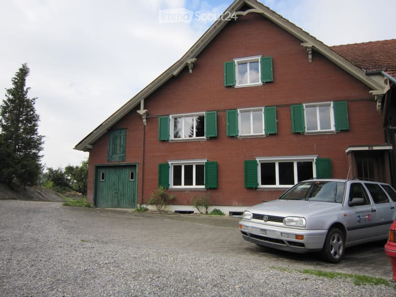 Two-story red brick house with green shutters, multiple windows, and a gravel driveway with a parked car.