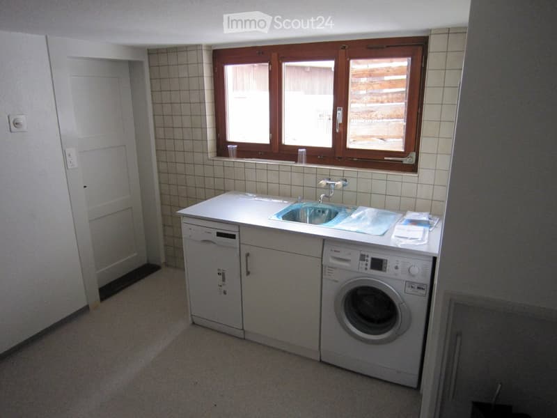 A small, modern kitchen with a sink, dishwasher, washing machine, and a window above the sink.