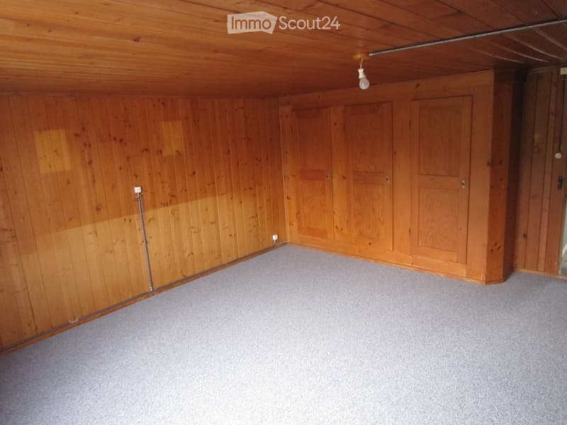 Empty room with wooden walls and ceiling, carpeted floor, and built-in wooden cabinets.
