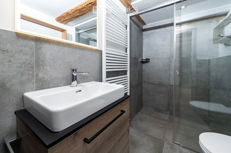 Modern bathroom with a white sink, chrome faucet, wooden vanity, glass shower enclosure, and a toilet. Exposed wooden beams on the ceiling and grey tiled walls.