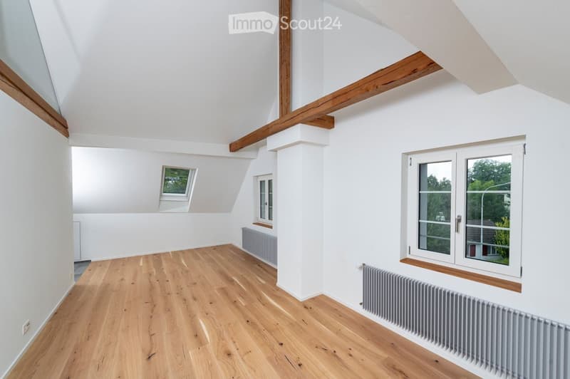 Empty attic room with wooden flooring, white walls, exposed wooden beams, and multiple windows including a skylight. Radiators are visible along the walls.