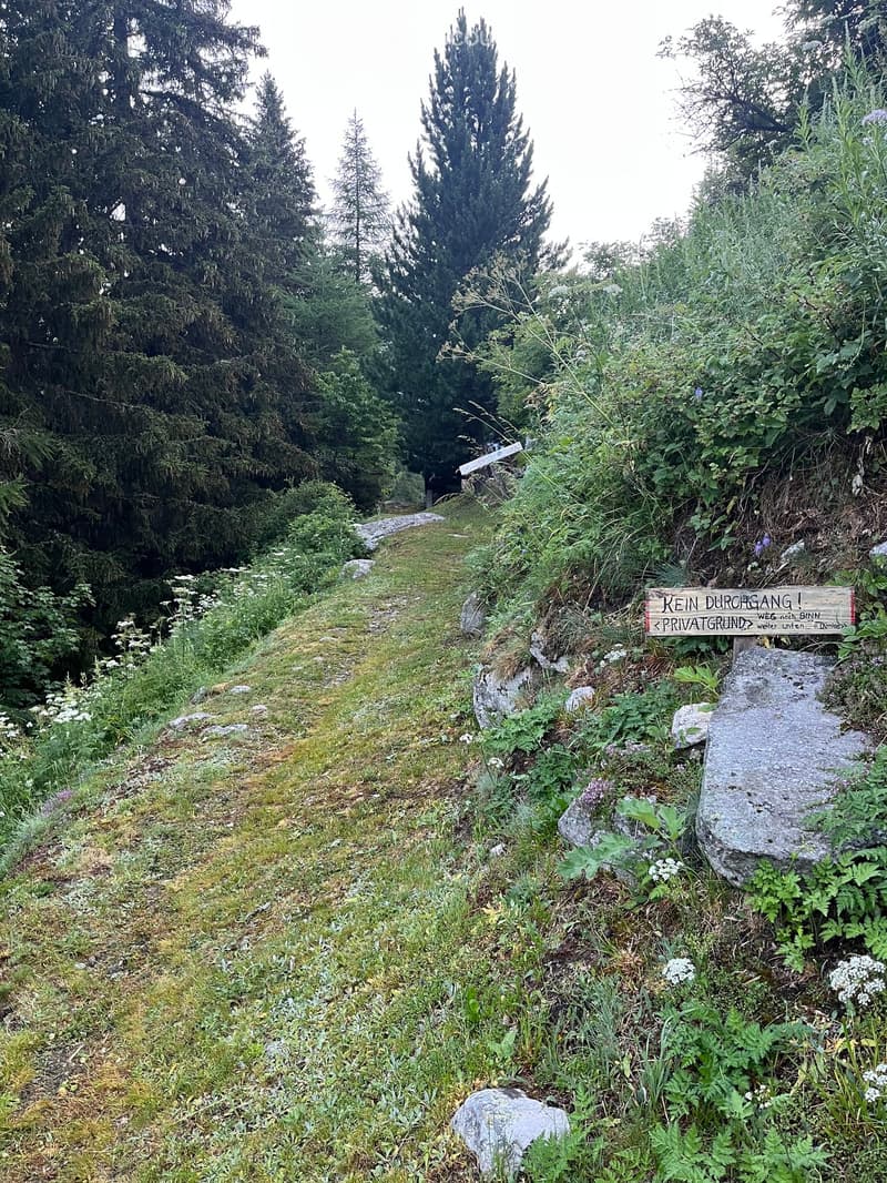 A narrow, overgrown pathway bordered by tall trees and dense vegetation, with a wooden sign reading "KEIN DURCHGANG! PRIVATGRUND" indicating private property.