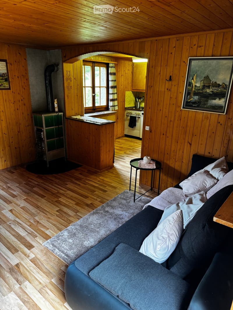 A cozy living room with wooden walls and flooring, featuring a blue sectional sofa, a small round table with a decorative item, a stove, and a cabinet. A framed picture hangs on the wall, and a window with curtains lets in natural light.