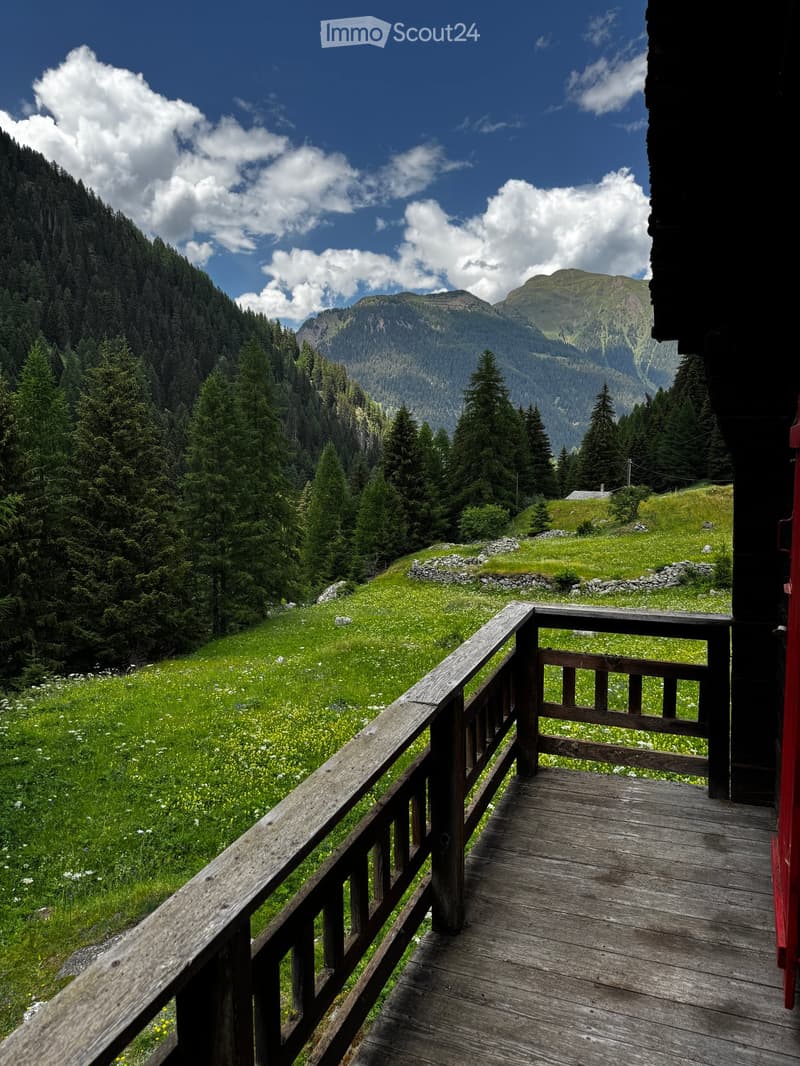 Wooden balcony overlooking a lush green meadow and mountain range, with a wooden railing and a clear blue sky.