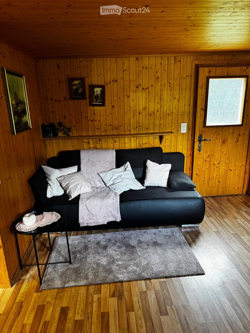 Cozy living room with wooden walls and floors, featuring a black sofa with white pillows and a blanket, a small round table with a decorative item, and a gray rug.