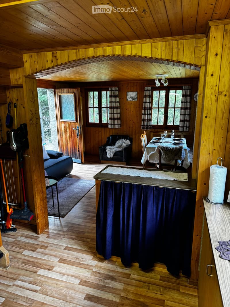 A cozy wooden cabin interior with a sofa, a dining table with chairs, a small bar area, and a futon. The room features wooden walls, a wooden ceiling, and large windows with curtains.