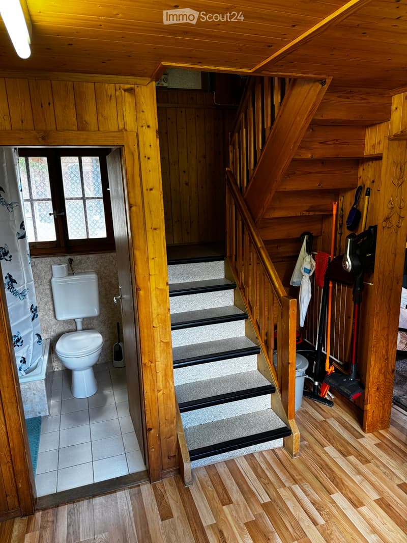 Wooden hallway with staircase leading upwards, adjacent bathroom with toilet and toilet paper, cleaning tools stored on a shelf, and a window providing natural light.