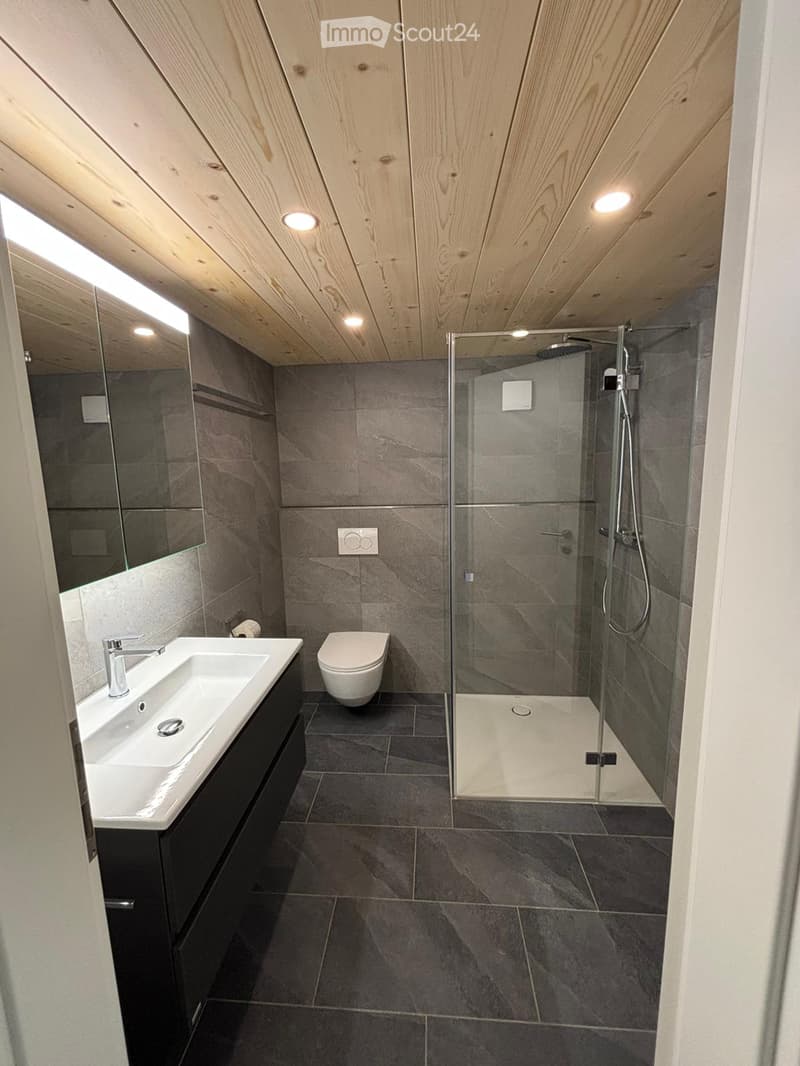 Gray walls and tiles, wooden ceiling, white sink, black cabinet, white toilet, walk-in shower with glass door, silver showerhead