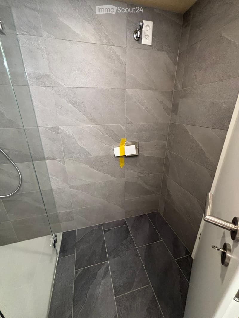gray tile walls, floor, white entrance, glass shower enclosure, silver showerhead, outlet, handle, silver faucet