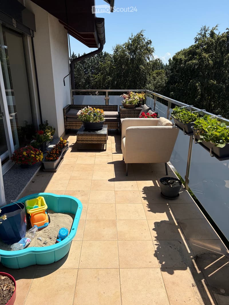 Balcony with tiled floor, sofa, table, chairs, flower pots, and a small play area with toys.
