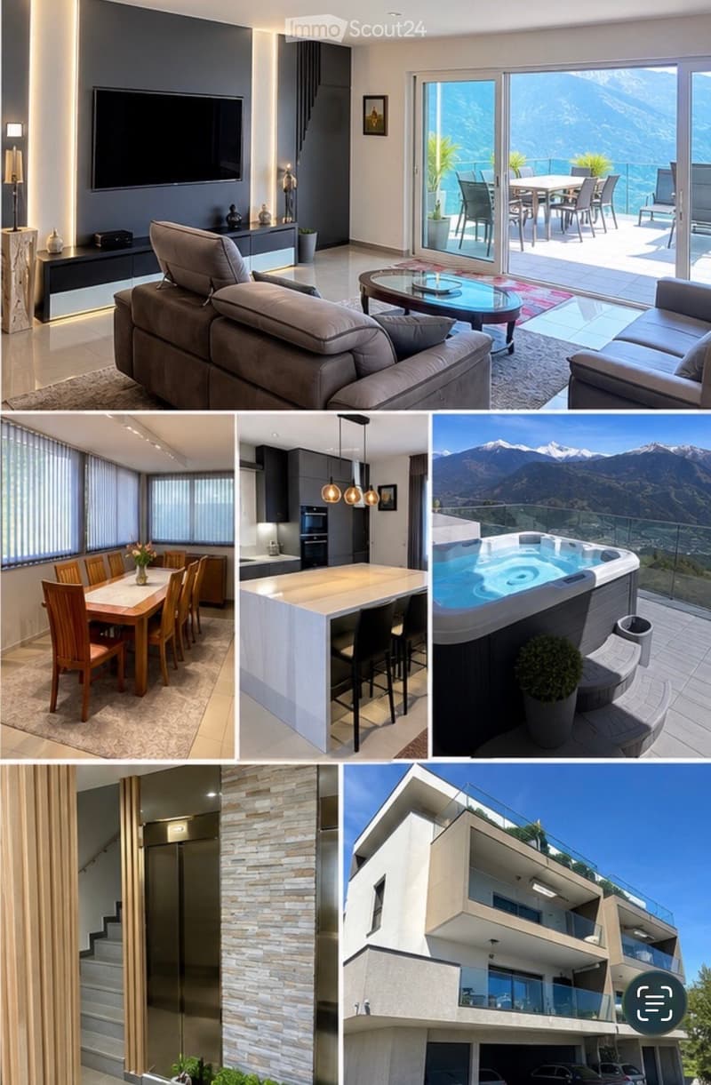 Modern house with living room, dining area, kitchen, balcony, swimming pool, and scenic mountain view.