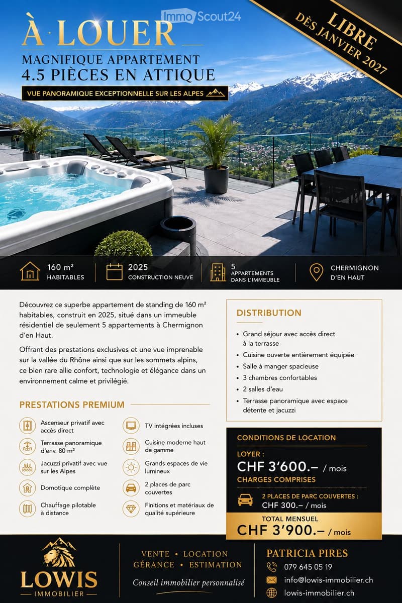 Floor plan of a 4.5-room attic apartment with panoramic views of the Alps, featuring a spacious living area, fully equipped open kitchen, dining area, 3 bedrooms, 2 bathrooms, and a panoramic terrace with a private jacuzzi.