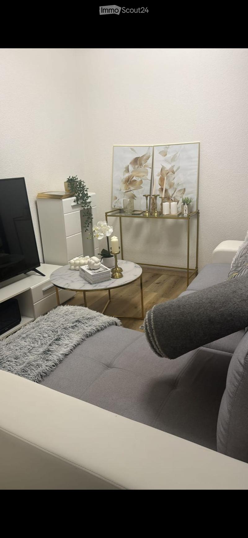 Modern living room with a grey sofa, white coffee table, side table, television, decorative plants, and a large mirror on the wall.