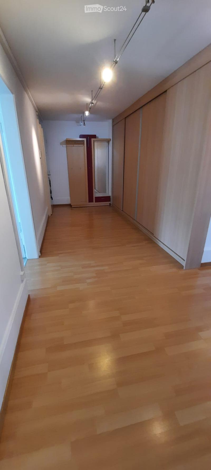 Empty hallway with wooden flooring, white walls, and built-in wardrobes on one side. A small closet with a mirror is visible at the end of the hallway.