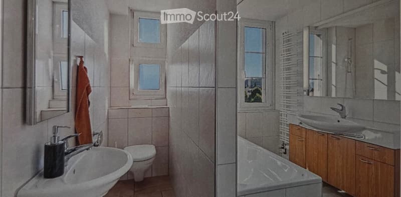 Modern bathroom with two sinks, a toilet, wooden cabinets, and a large mirror. Features include a towel hanging on the wall and a soap dispenser on the sink.