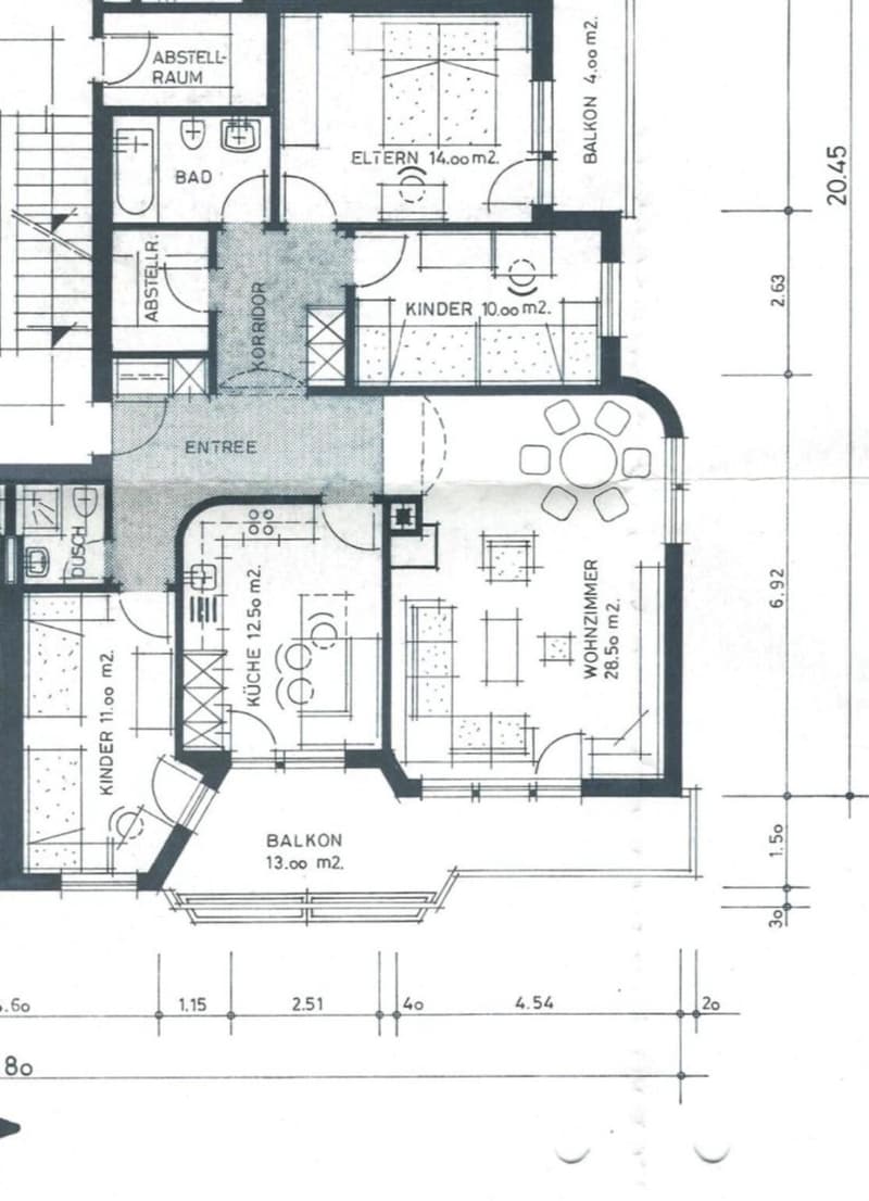 Floor plan showing a 4-room apartment layout with a living room, kitchen, two bedrooms, bathroom, hallway, and balcony.