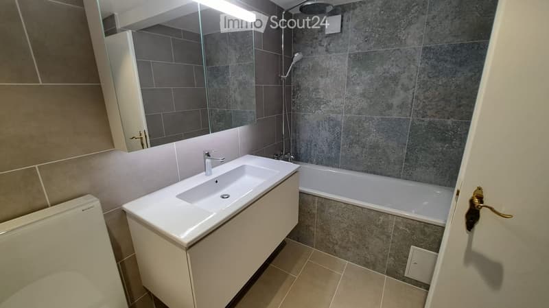 Modern bathroom with a white sink, bathtub, and large mirror. Features grey tiled walls and a sleek, contemporary design.
