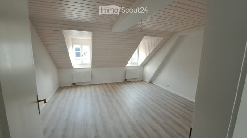 Empty attic room with wooden flooring, white walls, and skylight windows. No furniture or equipment present.
